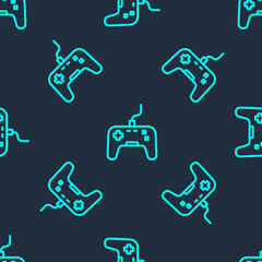 Green line Gamepad icon isolated seamless pattern on blue background. Game controller. Vector.
