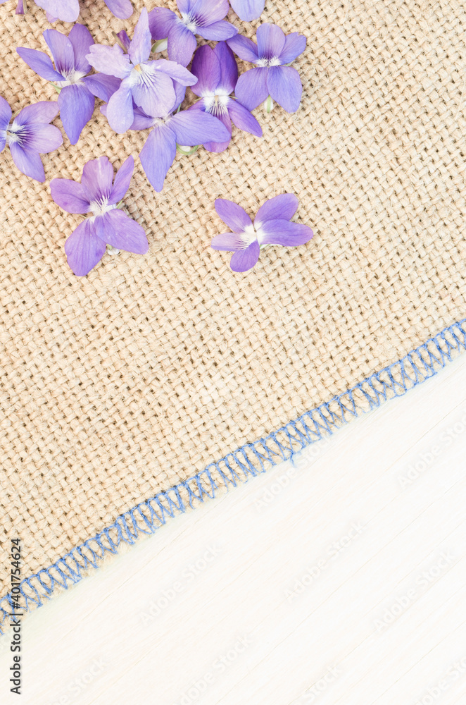 Poster a top view of fragrant violets on burlap texture with copy space - perfect for wallpaper