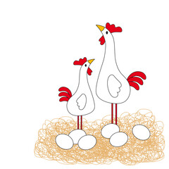 rooster and hen cartoon, isolated graphic, illustration, vector