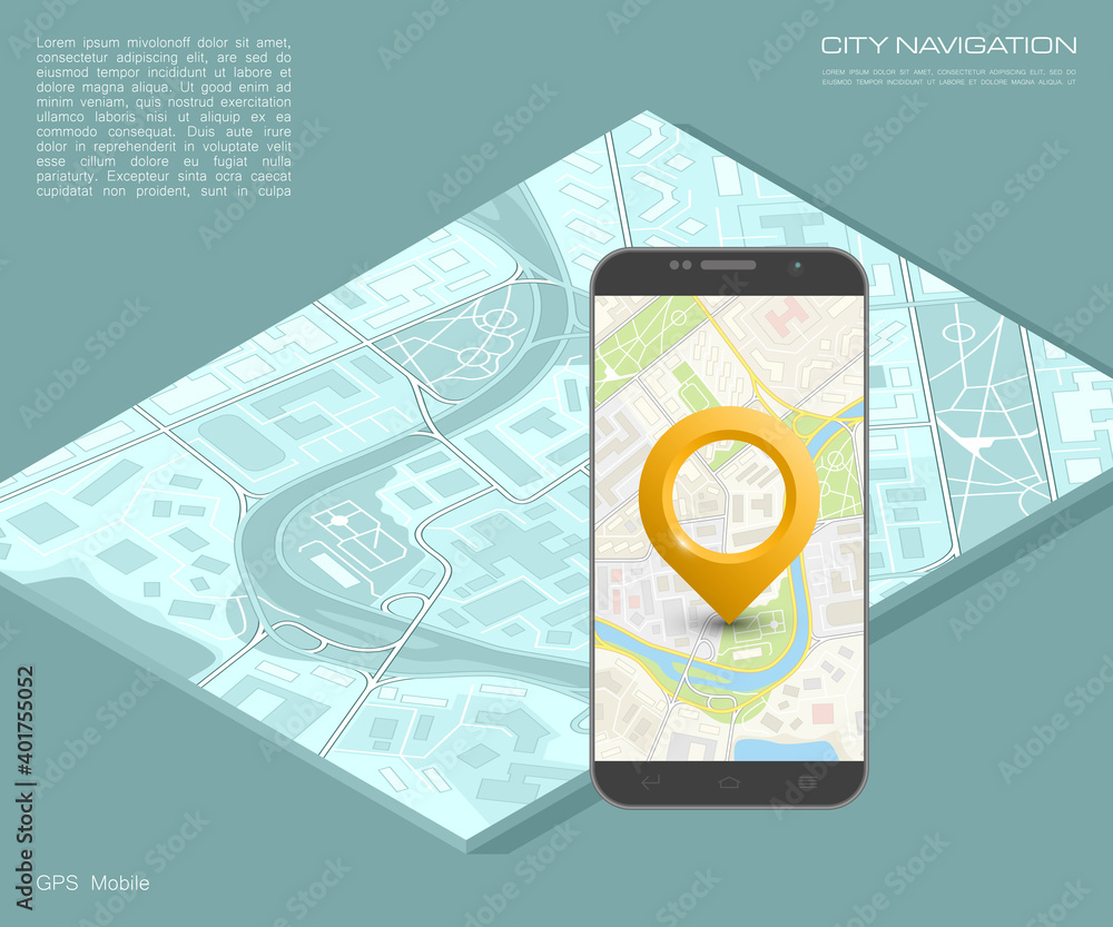 Wall mural Isometry City map route navigation smartphone, phone point marker, road drawing schema, isometric city plan GPS navigation tab, itinerary destination arrow paper city map. Route isometric check point