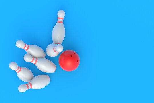 Red bowling ball crashing white falling pins on blue background. Active sport. Hobby and leisure. Competition and championship. Win and success concept. 3d rendering