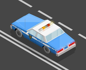 Flat 3D isometric police car model. City transport automobile road. Sedan police auto. Urban classic motor vehicle. Quality auto infographic route. isometric police automobile street icon set