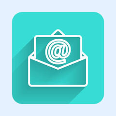 White line Mail and e-mail icon isolated with long shadow. Envelope symbol e-mail. Email message sign. Green square button. Vector.