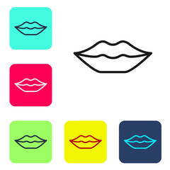 Black line Smiling lips icon isolated on white background. Smile symbol. Set icons in color square buttons. Vector.