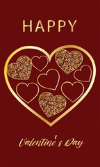 Luxury greeting card for Valentine's Day with golden hearts. Deep red background.