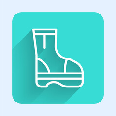 White line Fire boots icon isolated with long shadow. Green square button. Vector.