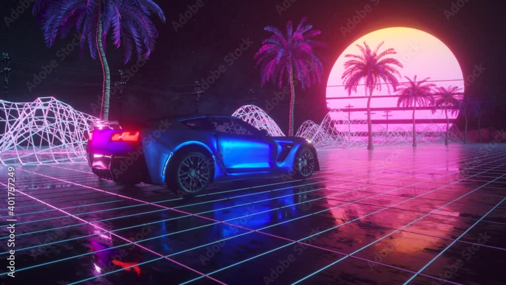 Poster 80s retro background 3d animation. futuristic car drive through neon abstract space. retrowave seaml