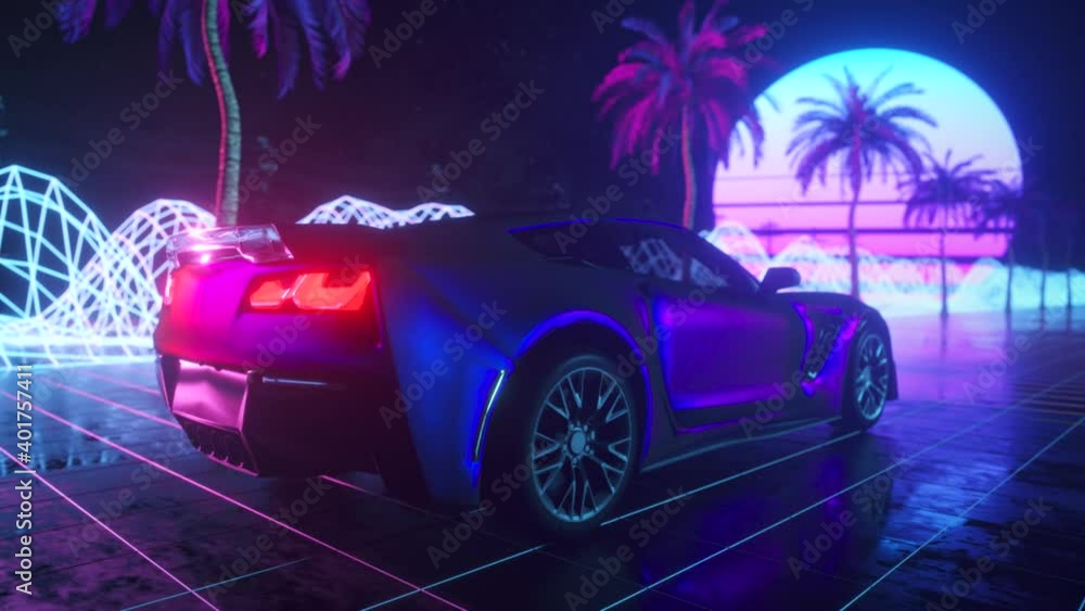 Poster 80s retro background 3d animation. futuristic car drive through neon abstract space. retrowave seaml