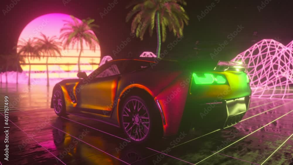 Poster 80s retro background 3d animation. futuristic car drive through neon abstract space. retrowave seaml