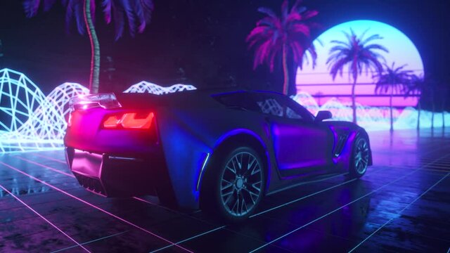 80s retro background 3d animation. Futuristic car drive through neon abstract space. Retrowave seamles loop 3d render.