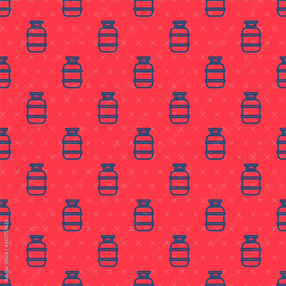 Poster blue line propane gas tank icon isolated seamless pattern on red background. flammable gas tank icon