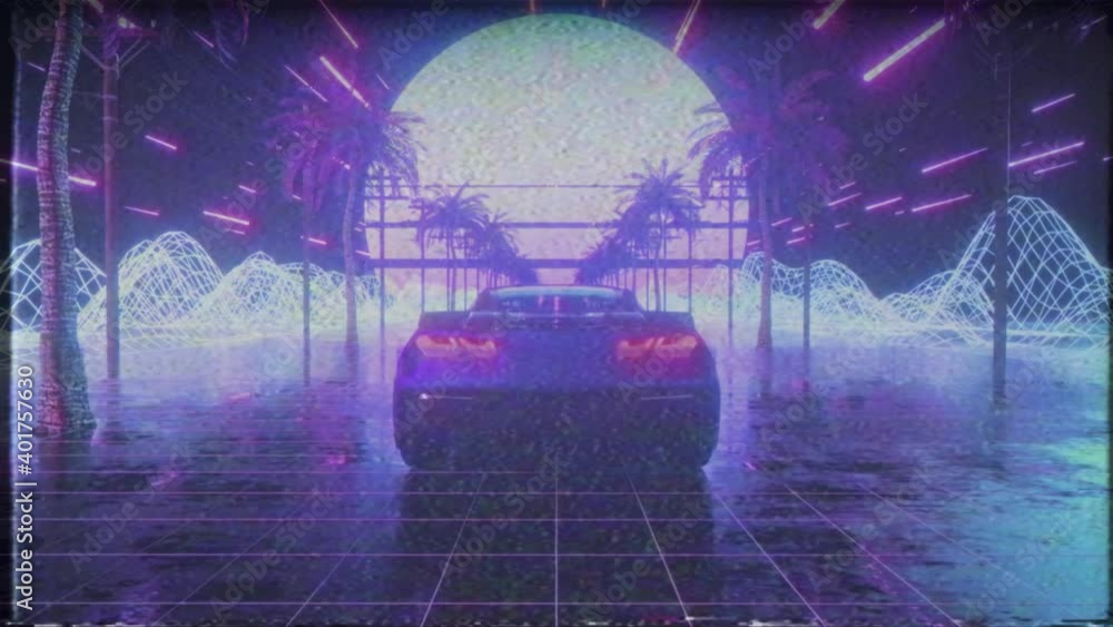 Poster 80s retro background 3d animation with vhs effect. futuristic car drive through neon abstract space.