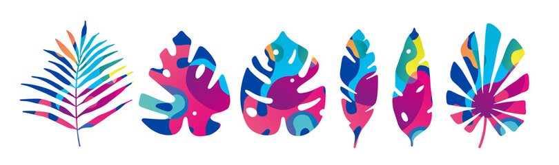 Leaf set. Abstract icon green tropical leaves on white backdrop. Tropical nature. Minimal nature concept. Graphic design element. Tropical palm leaves, forest trendy retro style. Vector Illustration