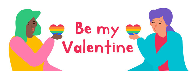 Fototapeta premium be my valentine two women holding colorful hearts lgbt lesbian couple happy valentine's day vector illustration