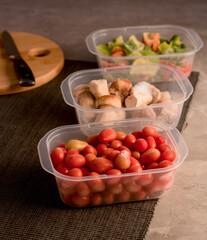 Frozen vegetables. Mushrooms, peppers, tomatoes. 