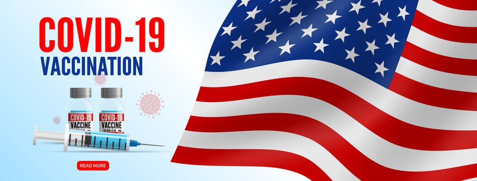 America  covid 19 vaccination vaccine vials and syringe american flag background web banner design