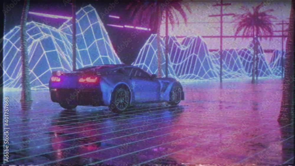 Poster 80s retro background 3d animation with vhs effect. futuristic car drive through neon abstract space.