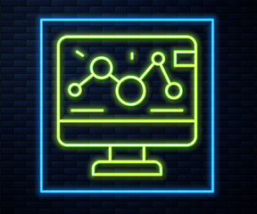 Glowing neon line Genetic engineering modification on laptop icon isolated on brick wall background. DNA analysis, genetics testing, cloning. Vector.