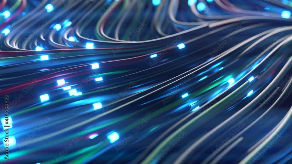 Poster bundles of abstract optical fiber lines. bright light signals quickly transmit data for high speed i