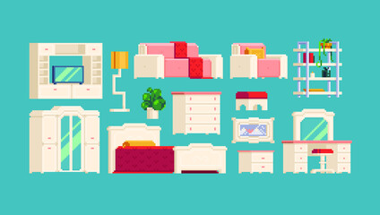 Naklejka premium Cool big furniture set. Pixel art vector illustrations