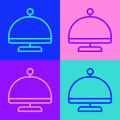 Pop art line Covered with a tray of food icon isolated on color background. Tray and lid sign. Restaurant cloche with lid. Vector.