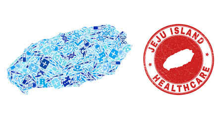 Vector collage Jeju Island map with treatment icons, medicine symbols, and grunge health care seal stamp. Red round seal with grunge rubber texture and Jeju Island map tag and map.