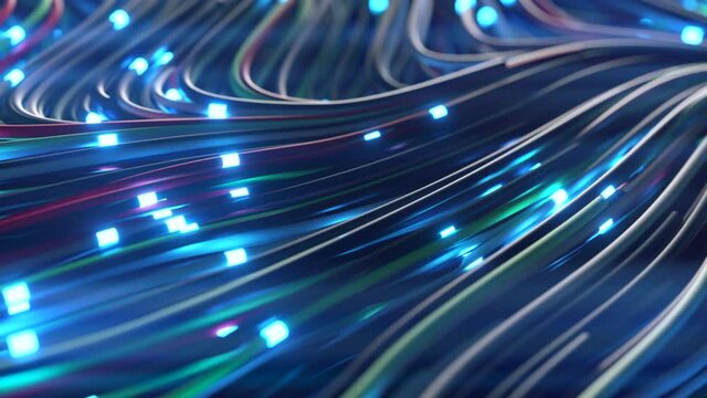 Bundles of abstract optical fiber lines. Bright light signals quickly transmit data for high speed internet connection. Technology and internet concept. 3d render