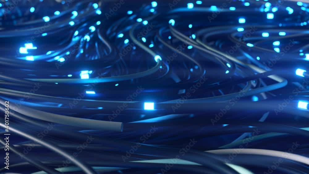 Poster bundles of abstract optical fiber lines. bright light signals quickly transmit data for high speed i