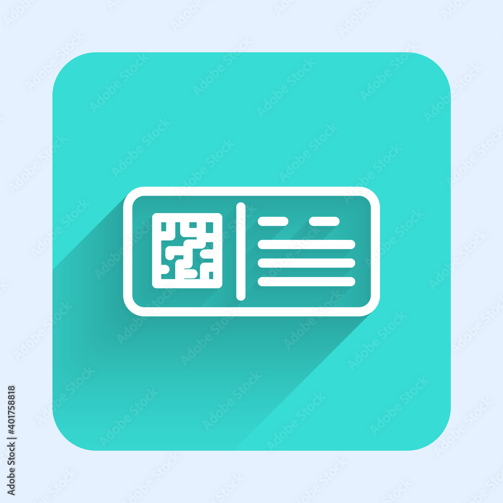 Poster white line qr code ticket train icon isolated with long shadow. green square button. vector.