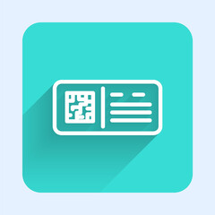 White line QR code ticket train icon isolated with long shadow. Green square button. Vector.