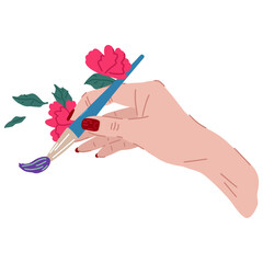 Hand with brush and flowers. Creativity symbol, drawing process, artist s hand. Print design, decoration element. Vector cartoon flat illustration