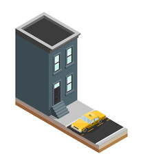 Yellow cab banner isometric. Online navigation application order taxi service. Isometry car building, isometric route banner.3D taxi classic vehicle itinerary road. Get a taxi online phone application