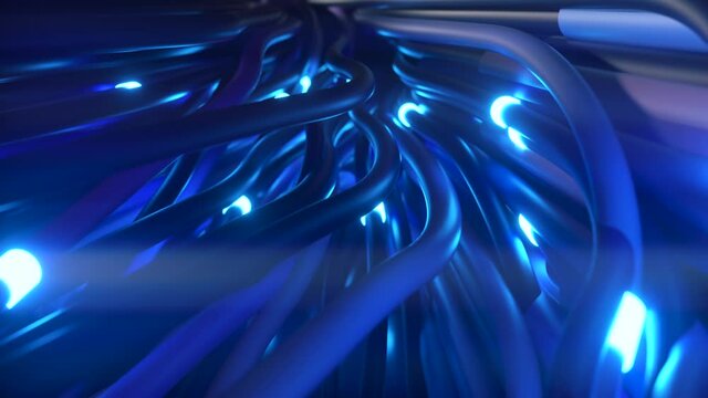 Bundles of abstract optical fiber lines. Bright light signals quickly transmit data for high speed internet connection. Technology and internet concept. 3d render
