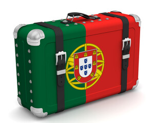 Stylish suitcase with the national Flag of Portugal. Retro suitcase with the national Flag of the Portuguese Republic stands on a white surface. 3D illustration