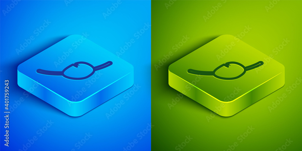 Wall mural isometric line pirate eye patch icon isolated on blue and green background. pirate accessory. square