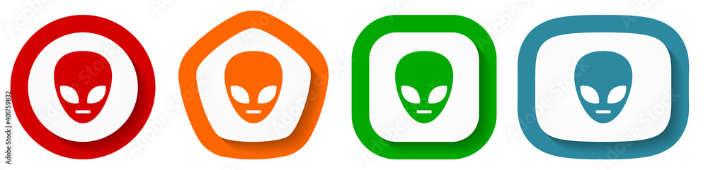Aufkleber alien face vector icon set, flat design buttons on white background