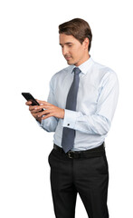 Businessman in shirt and tie looking on the phone, isolated over white background. Caucasian manager smiling standing with phone