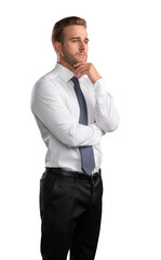 Businessman in white shirt and tie standing isolated over white background, arms crossed, pensive look. Caucasian manager profile shot, hands crossed