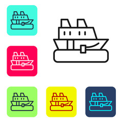 Fototapeta na wymiar Black line Cruise ship icon isolated on white background. Travel tourism nautical transport. Voyage passenger ship, cruise liner. Worldwide cruise. Set icons in color square buttons. Vector.