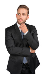 Businessman in black suit standing on isolated over white background. Young businessman thinking hand to chin, thoughtful look