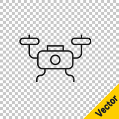 Black line Drone flying icon isolated on transparent background. Quadrocopter with video and photo camera symbol. Vector.