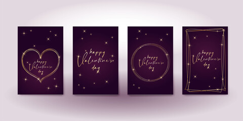 set valentine's day greeting card banner invitation flyer brochure. dark purple and gold luxury rich style. heart shape shiny stars and fashion lettering
