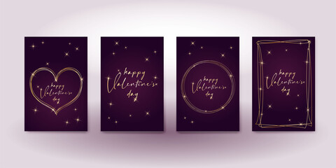 Fototapeta premium set valentine's day greeting card banner invitation flyer brochure. dark purple and gold luxury rich style. heart shape shiny stars and fashion lettering