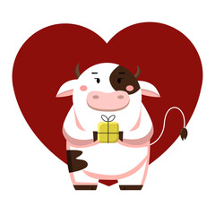 Vector image of a loving cow on the background of a heart holding a gift. Mockup for a postcard.