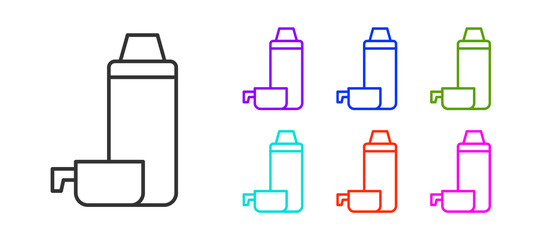 Black line Thermos container icon isolated on white background. Thermo flask icon. Camping and hiking equipment. Set icons colorful. Vector.