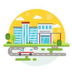 Vector image of a hospital outside with an ambulance on colorful background © Sasha