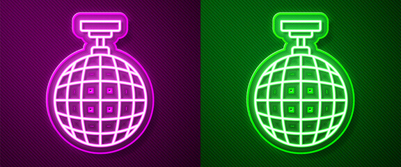 Glowing neon line Disco ball icon isolated on purple and green background. Vector.