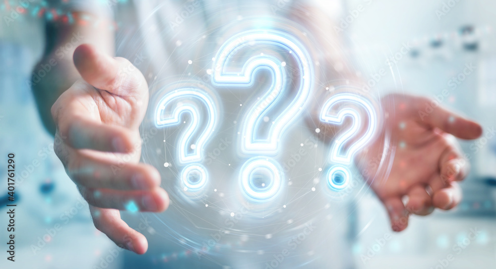 Poster man using digital question marks holographic interface 3d rendering