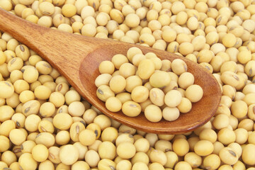 Soy beans with wooden spoon close up