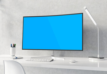 Curved monitor on white desktop and concrete interior mockup 3D rendering